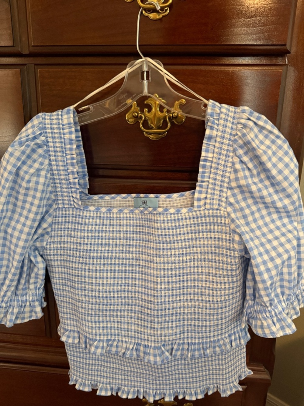 CeCe Light Blue Gingham Smocked Square-Neck Top